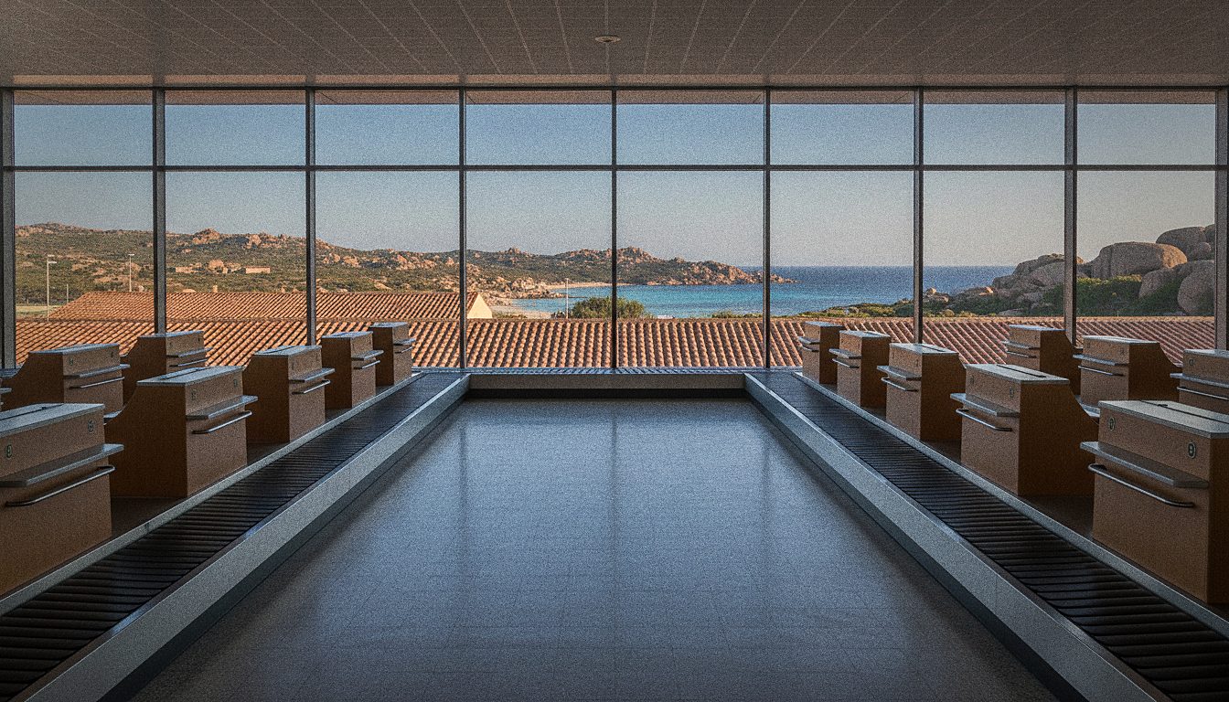 Abflughalle mit Check-in-Schaltern am Flughafen Alghero