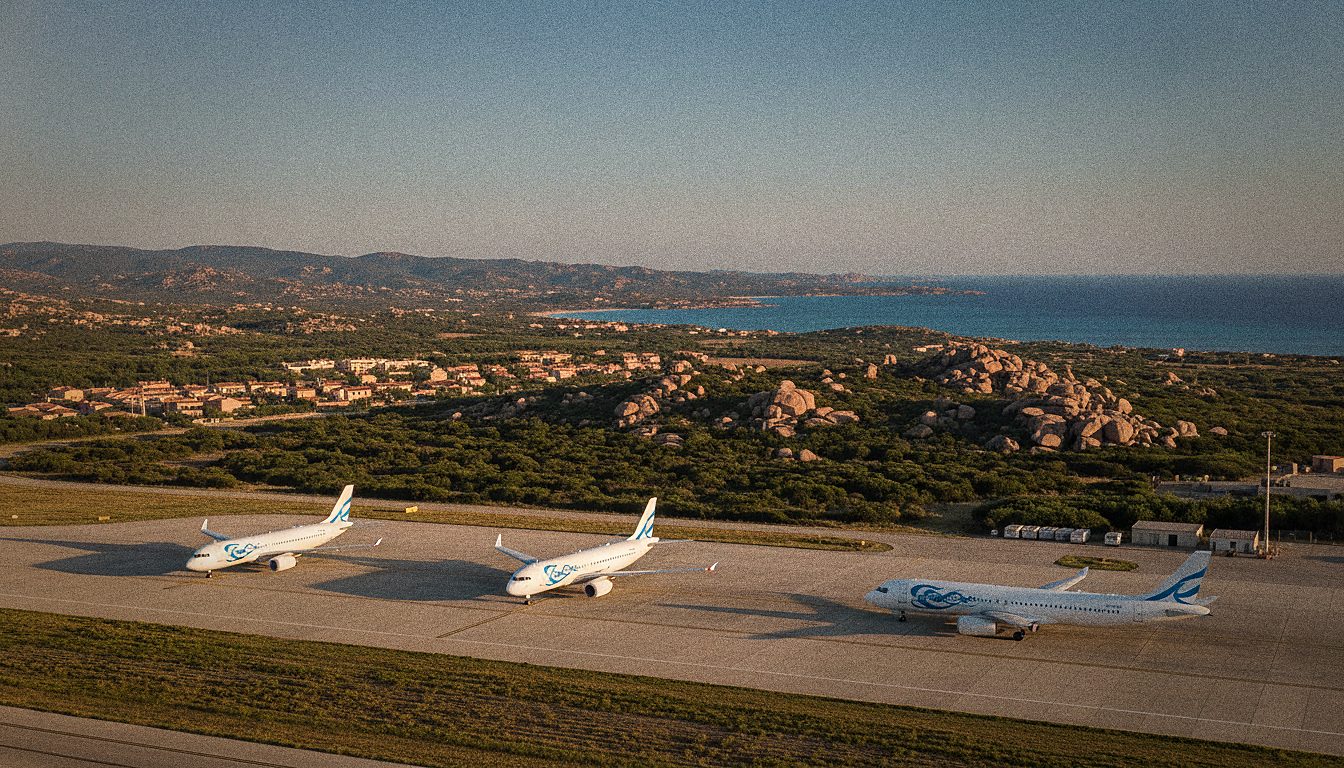 Vorfeld des Flughafens Alghero mit Flugzeugen ohne Fluggastbrücken