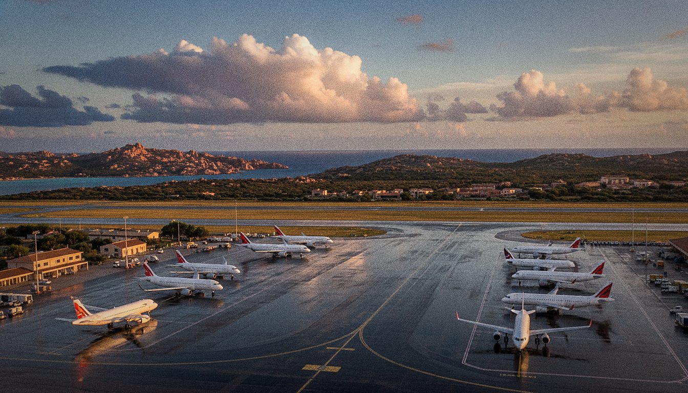 Vorfeld des Flughafens Cagliari mit parkenden Flugzeugen
