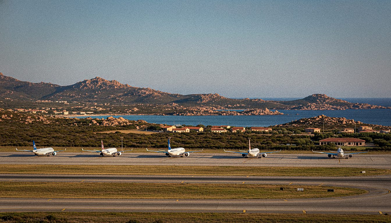 Vorfeld des Flughafens Olbia mit parkenden Flugzeugen